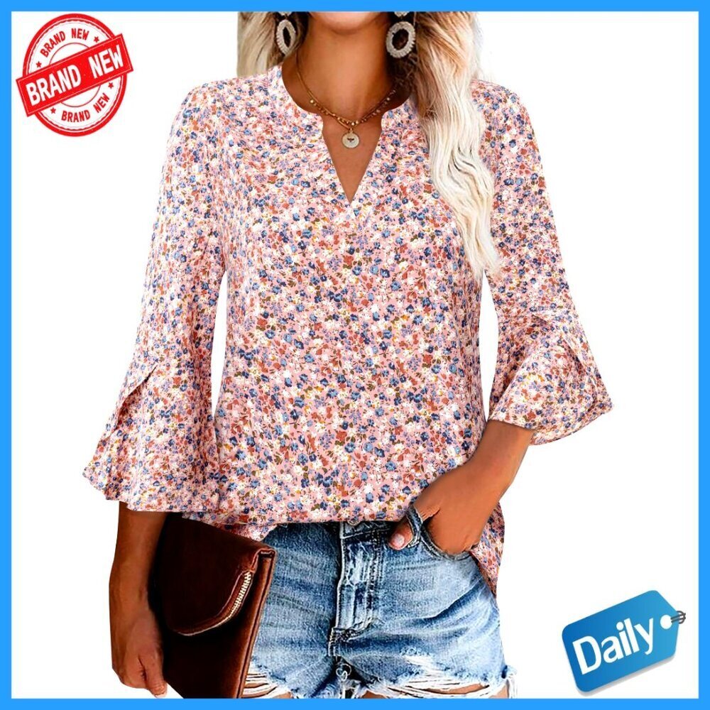 Chiffon Tunic Blouse with 3/4 Ruffle Sleeves, V-Neck, Business Casual Top